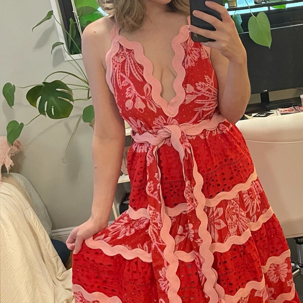 Farm Rio Red / Pink Flowerful Birds Tie-Waist Dress